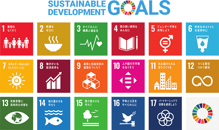 SUSTAINABLE DEVELOPMENT GOALS:1貧困をなくそう、2飢餓をゼロに、3すべての人に健康と福祉を、4質の高い教育をみんなに、5ジェンダー平等を実現しよう、安全な水とトイレを世界中に、7エネルギーをみんなにそしてクリーンに、8働きがいも経済成長も、9産業と技術革新の基盤をつくろう、10人や国の不平等をなくそう、11住み続けられるまちづくりを、12つくる責任つかう責任、13気候変動に具体的な対策を、14海の豊かさを守ろう、15陸の豊かさも守ろう、16平和と公正をすべての人に、17パートナーシップで目標を達成しよう